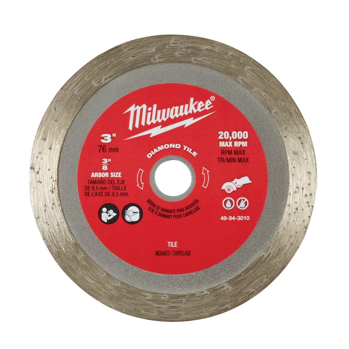 Milwaukee® 49-94-3010 Diamond Tile Blade, 3 in Dia Blade, 41/64 in D Cutting, 3/8 in Arbor/Shank, Wet/Dry Cutting